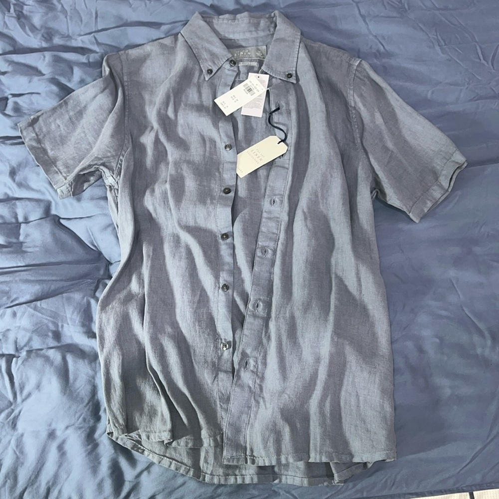 Abercrombie & Fitch Men Linen Collection Short Sleeve blue/grey button down